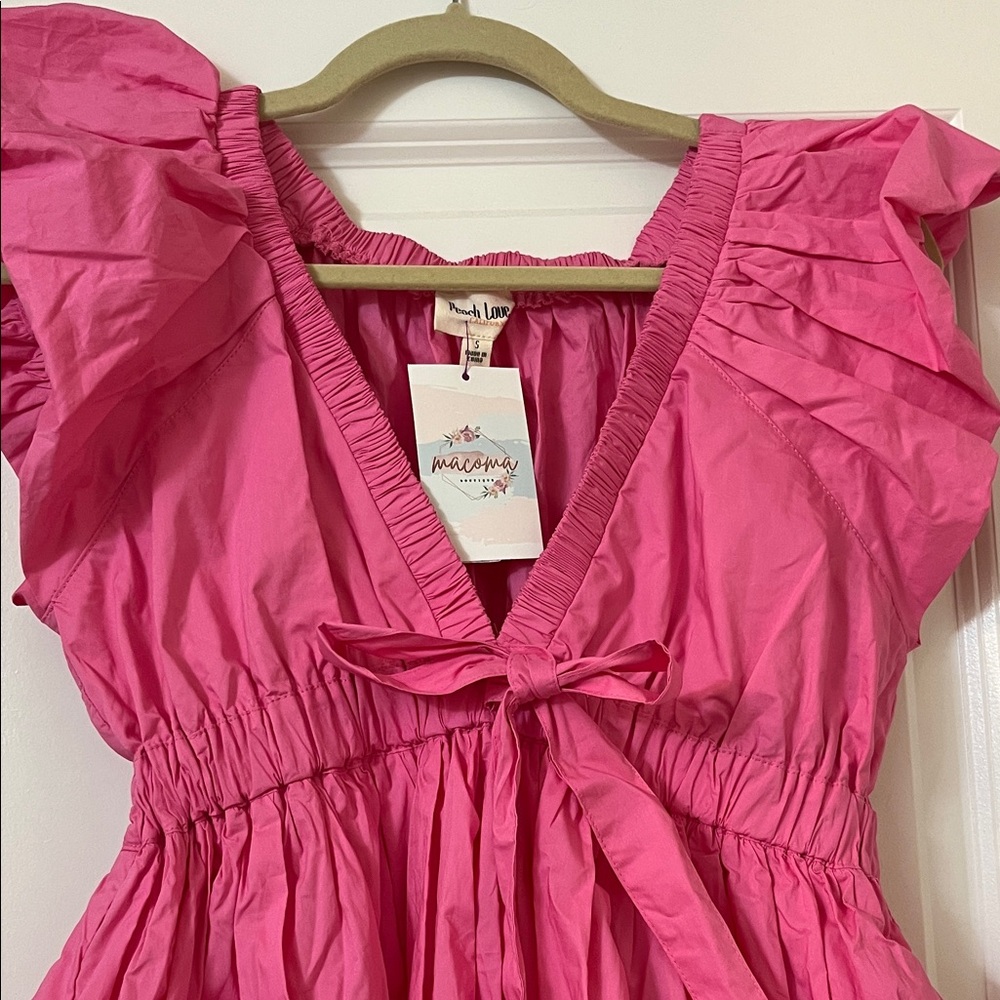 Peach Love California Bubble Hem Hot Pink Ruffle Tie-Front Mini Dress - Picture 10 of 12